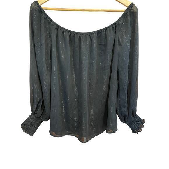 WAYF x BFF Sarah Silver Metallic & Black Off the Shoulder Top Sheer Long Sleeves - Picture 1 of 12